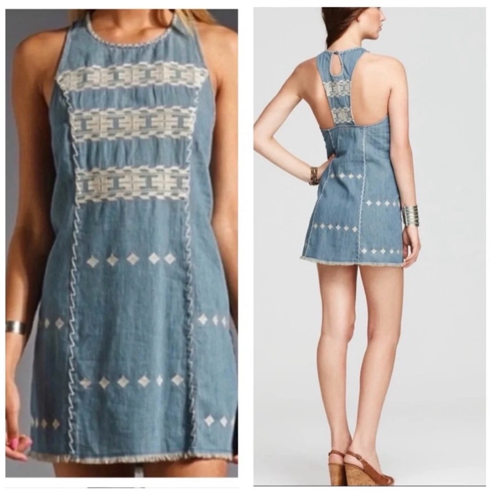 Free People Light Blue Embroidered Denim Midi Dress